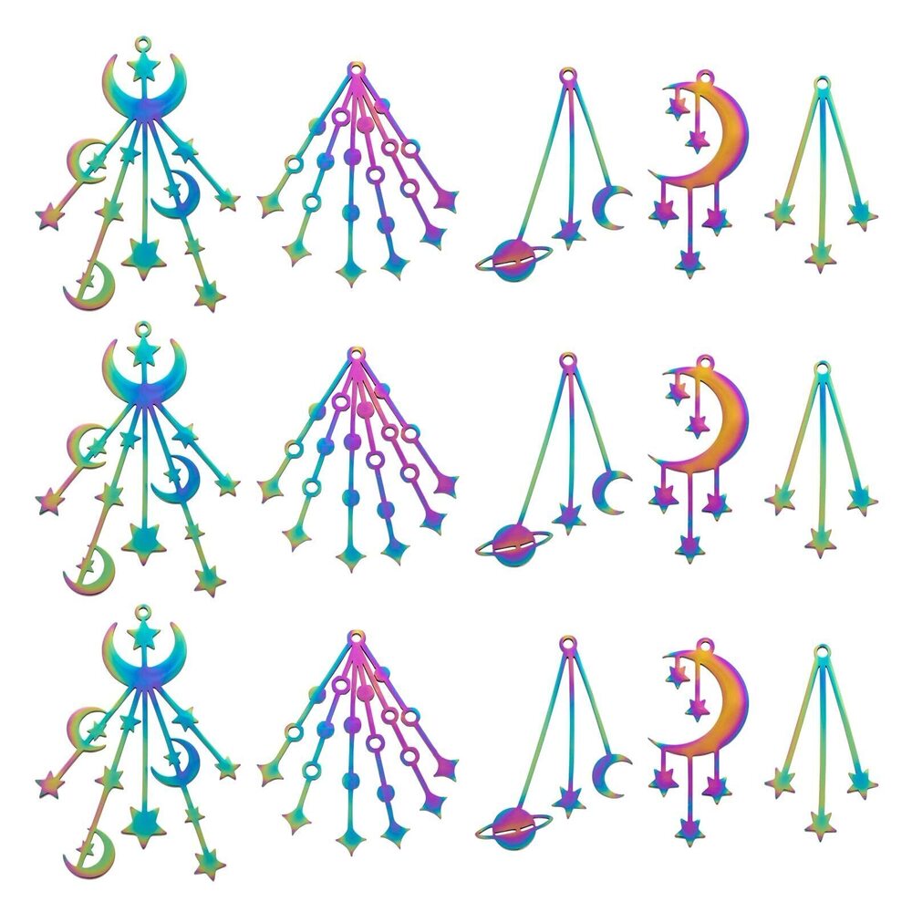 2499 10Pcs Stainless Steel Rainbow Filigree Charms Colorful Moon with Star